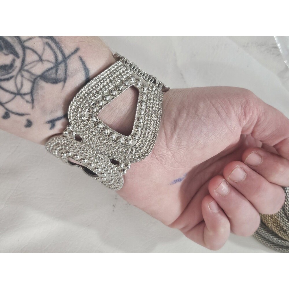 Silver & Gold Tone Mesh Stackable Bangle Bracelets + Pavé Crystal Cuff Set - Picture 7 of 8